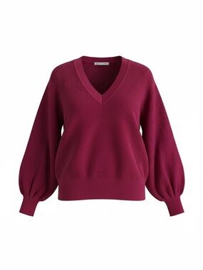 NWT XXL Trina Turk Berry V-Neck Balloon Sleeve Sweater Merino Wool Light Weight